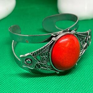 Silver Floral Bracelet with Red Stone
